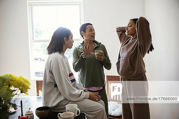 Mother and young adult daughters talking in dining room