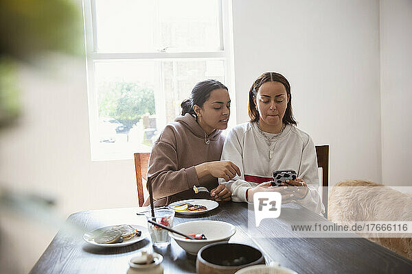 Young adult sisters using smart phone at dining table