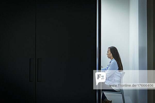 Businesswoman working in office doorway