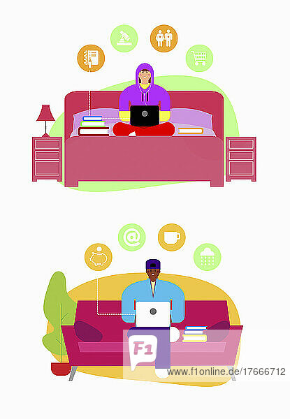 Teenager auf dem Sofa benutzen Laptops für verschiedene Funktionen