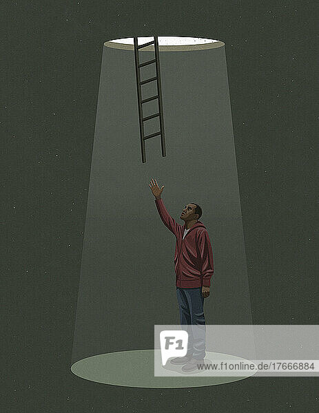 Mann in dunklem Loch greift nach einer Leiter