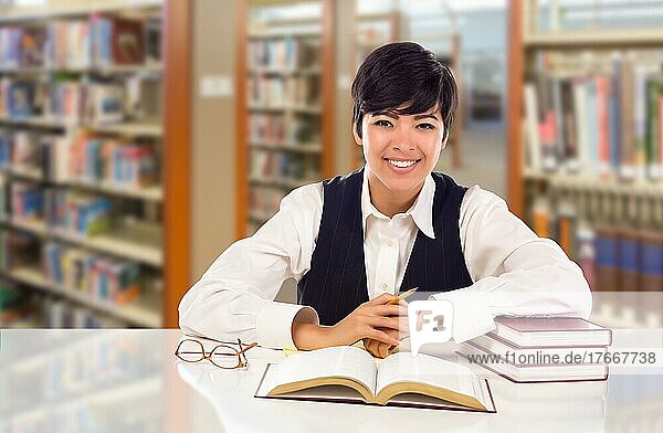 Junge gemischtrassige Studentin in der Bibliothek mit Büchern  Papier und Bleistift