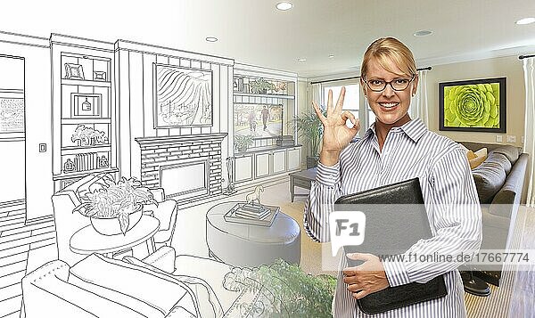 Woman with okay sign over custom bedroom drawing and photo combination