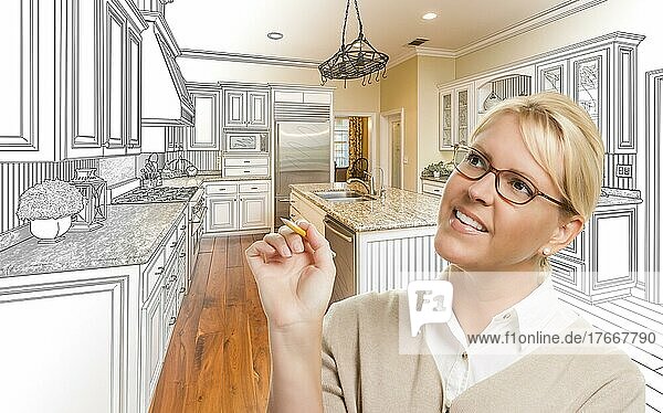 Creative woman with pencil over custom kitchen design drawing and photo combination