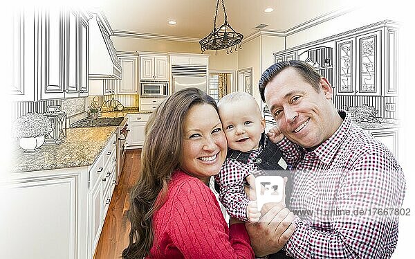 Happy young family over custom kitchen design drawing and photo combination