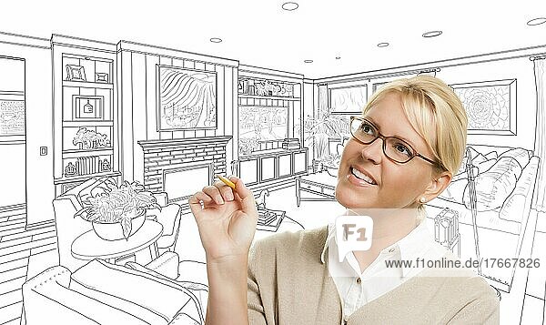 Woman with pencil over custom living room design drawing