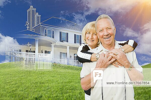 Älteres Paar vor geisterhafter Hauszeichnung  Teilfoto und sanfte grüne Hügel dahinter