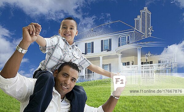 Hispanic father and son piggyback with ghosted house drawing  partial photo and rolling green hills behind