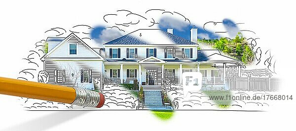 Bleistift  der die Zeichnung ausradiert  um das fertige Designfoto des Hauses zu zeigen