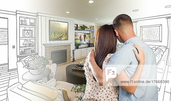 Curious young military couple looking over custom living room design drawing photo combination