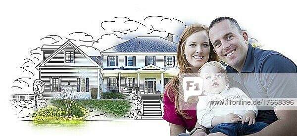 Junge militärische Familie über Haus Zeichnung und Foto Kombination auf weiß