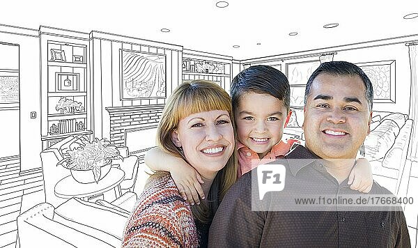 Happy young mixed-race family over custom living room drawing on white