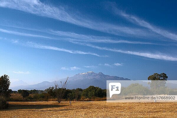 Popocatepetl volcano and blue sky in Mexico