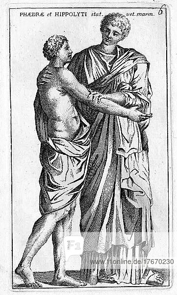 Fedra und Hippolytos  Sohn des Theseus und der Amazone Hippolyte  griechische Mytholgie  digitale Reproduktion einer Originalvorlage aus dem 18. Jahrhundert  Originaldatum nicht bekannt