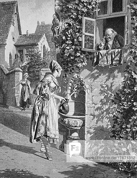 Am Brunnen  junge Frau holt mit einem Krug Wasser aus einer öffentlichen Wasserstelle  und wird dabei von einem älteren Herren aus dem Fenster beobachtet  Österreich  nach einem Gemälde von Johann Hamza  Historisch  digitale Reproduktion einer Originalvorlage aus dem 19. Jahrhundert  Europa
