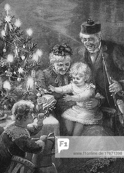 Weihnachten  Bescherung bei den Großeltern  ca 1897  Historisch  digitale Reproduktion einer Originalvorlage aus dem 19. Jahrhundert