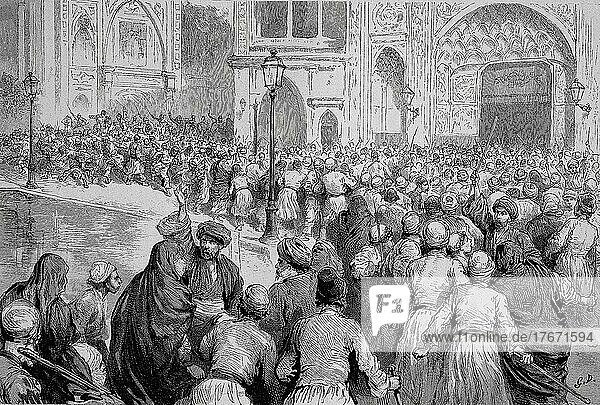 Der Tabakaufstand in Persien. Die Menge vor dem Palast des Schahs fordert die Aufhebung des Monopols  Historisch  digitale Reproduktion einer Originalvorlage aus dem 19. Jahrhundert