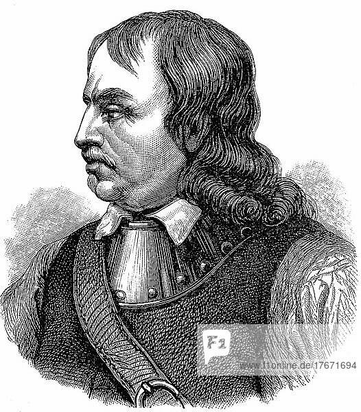 Oliver Cromwell  25. April 1599  3. September 1658  war während der republikanischen Periode der englischen Geschichte Lordprotektor von England  Schottland und Irland  Historisch  digitale Reproduktion einer Originalvorlage aus dem 19. Jahrhundert
