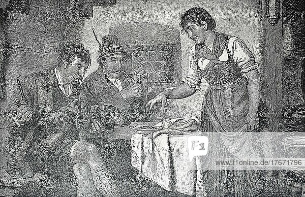 Familie in Österreich  Frau im Dirndl  Mann in Lederhose und Dackel  Historisch  digitale Reproduktion einer Originalvorlage aus dem 19. Jahrhundert