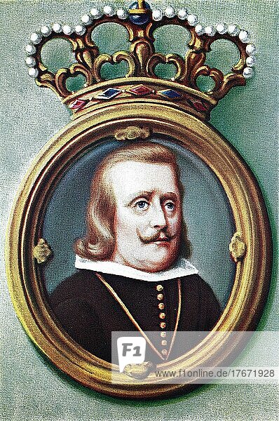 Felipe IV 8 April 1605-17 September 1665  was King of Spain  as were Philip IV In Castile and Philip III In Aragon and Portugal. In Aragon and Portugal  Historical  digital reproduction of an original from the 19th century