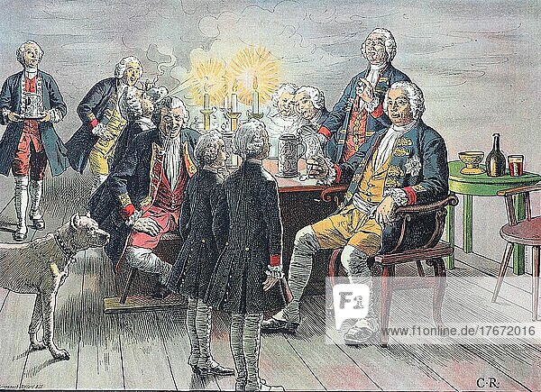 Friedrich der Große  Friedrich II. 1712-1786 Prinz Friedrich und Prinz Heinrich sind im Raucherraum  um dem Vater eine gute Nacht zu wünschen  Historisch  digitale Reproduktion einer Originalvorlage aus dem 19. Jahrhundert