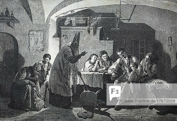 Der heilige Nikolaus besucht die Familie und fragt das Kind  ob es gut sei und er kann ihm Nüsse geben  1888  History  digitale Reproduktion einer Originalvorlage aus dem 19. Jahrhundert