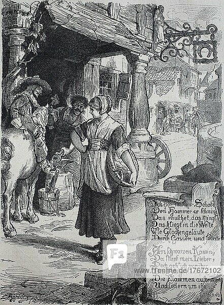 Junge Frau passiert eine Schmiede  Schmied und sein Kunde auf einem Pferd schauen der Frau hinterher  1881  Frankreich  Historisch  digital restaurierte Reproduktion einer Originalvorlage aus dem 19. Jahrhundert  Europa