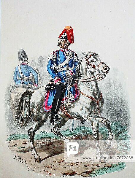 Preußens Heer  preußische Garde  Neumärkisches Dragoner Regiment  No. 3  Stabs Trompeter  Uniform der Armee  Militär  Preußen  Deutschland  digital restaurierte Reproduktion einer Vorlage aus dem 19. Jahrhundert  Europa