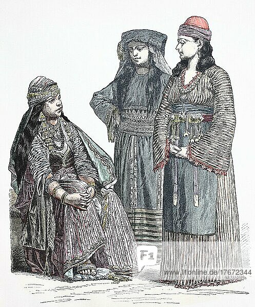 Volkstracht  Kleidung  Geschichte der Kostüme  Frau aus Damaskus  moslemische Frau aus Mekka  Fellahfrau aus der Umgebung von Damaskus  Historisch  digital restaurierte Reproduktion einer Vorlage aus dem 19. Jahrhundert