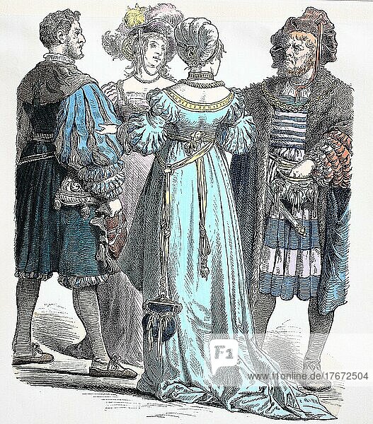 Volkstracht  Kleidung  Geschichte der Kostüme  deutsche Bürgertracht  ca 1525  Deutschland  Historisch  digital restaurierte Reproduktion einer Vorlage aus dem 19. Jahrhundert  Europa