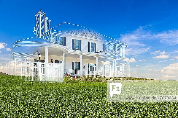 Beautiful custom house drawing and ghosted house above green landscape