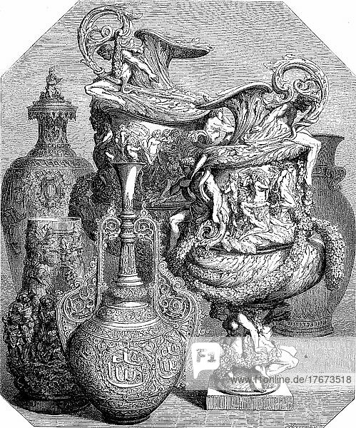 Keramik  Vasen auf der Weltausstellung 1855  Paris  Frankreich  Historisch  digital restaurierte Reproduktion einer Vorlage aus dem 19. Jahrhundert  genaues Datum unbekannt  Europa