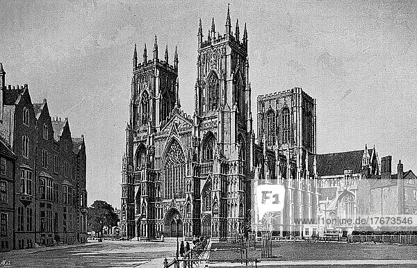 York Cathedral  York Minster  Cathedral and Metropolitical Church of Saint Peter in York is the largest medieval church in England and the seat of the Archbishop of York  photo from 1895  Historic  digitally restored reproduction of a 19th century original  exact date unknown