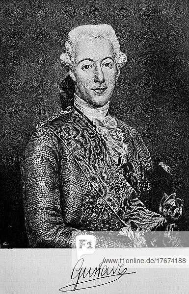 Gustav III. 24. Januar 1746-29. März 1792  aus dem Herzoghaus Schleswig-Holstein-Gottorf  war von 1771 bis 1792 König von Schweden  Historisch  digital restaurierte Reproduktion einer Vorlage aus dem 19. Jahrhundert  genaues Datum unbekannt