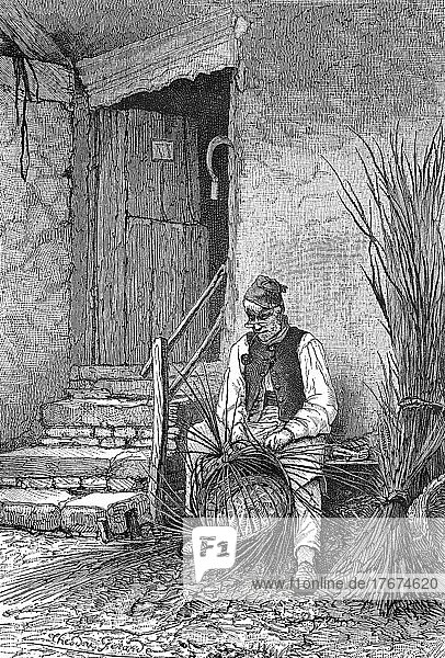Korbflechter sitzt vor seinem Haus und flechtet einen Weidenkorb  Historisch  digital restaurierte Reproduktion einer Vorlage aus dem 19. Jahrhundert  genaues Datum unbekannt
