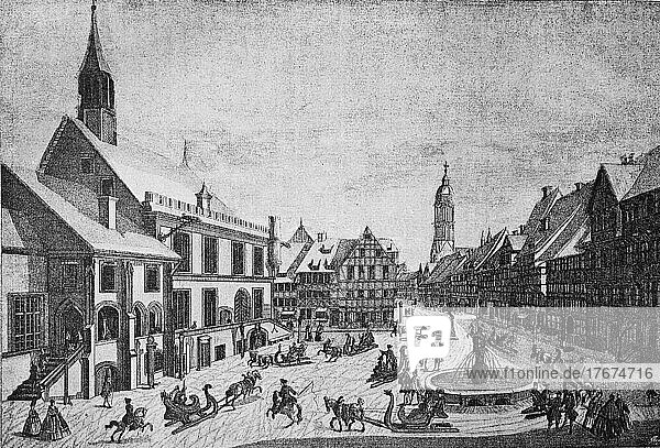 Der Marktplatz in Göttingen  Deutschland  Mitte des 18. . Jahrhunderts  Historisch  digital restaurierte Reproduktion einer Vorlage aus dem 19. Jahrhundert  genaues Datum unbekannt  Europa