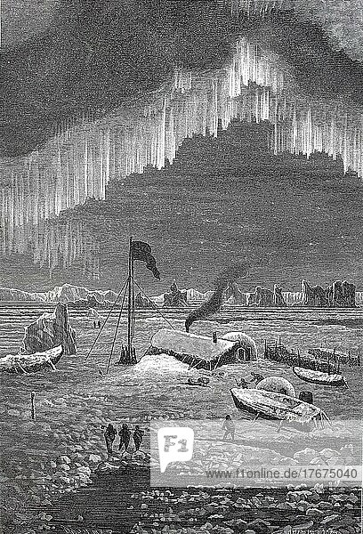 Zweite Deutsche Nordpolar-Expedition  Das Lager der La Hansa bei einer Arktisexpedition  Nordmeer  am Himmel sind Nordlichter  Aurora borealis  Polarlicht  digital restaurierte Reproduktion einer Vorlage aus dem 19. Jahrhundert  genaues Datum unbekannt