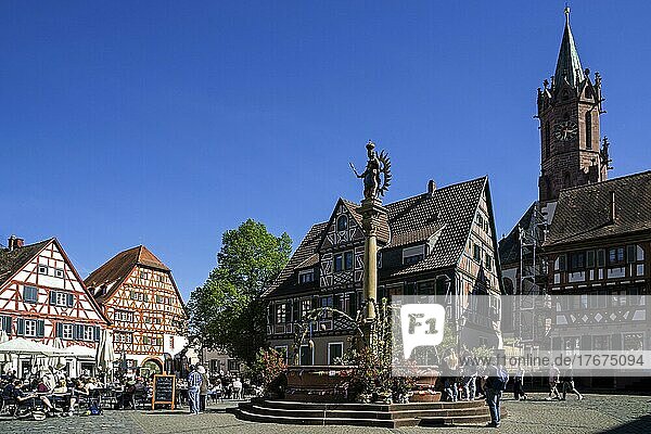 Market square with half-timbered houses and St. Mary's column  fountain with Easter decorations  historic old town of Ladenburg  Rhein-Neckar district  Baden-Württemberg  Germany  Europe