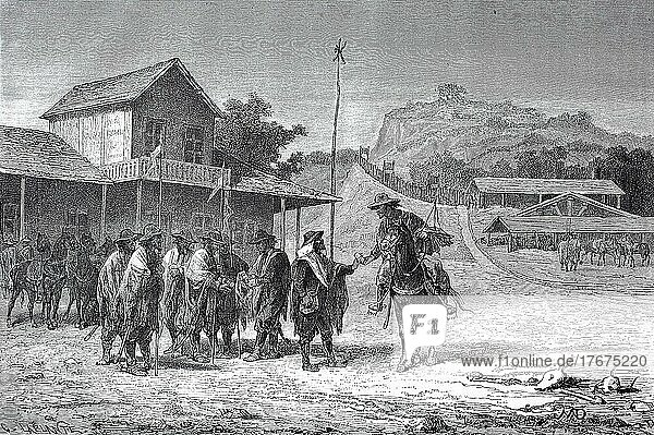 Distribution of cigars to the locals in 1880 in Paraguay  digitally restored reproduction of a 19th century original  exact date unknown