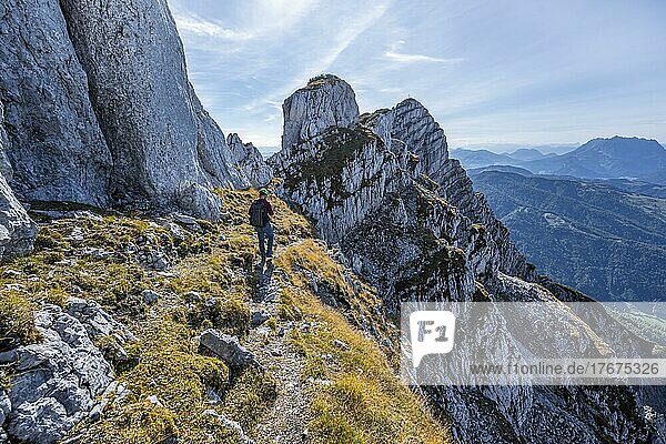 Wanderer mit Kletterhelm  auf Wanderweg an einem Grat  Ausblick auf Berglandschaft  hinten felsiger Bergkamm  Nuaracher Höhenweg  Loferer Steinberge  Tirol  Österreich  Europa