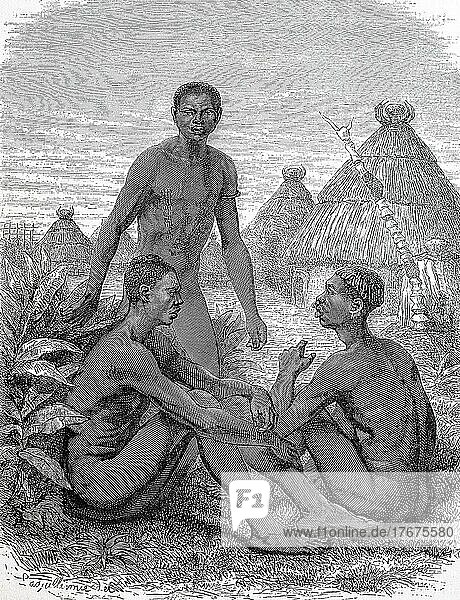 Männer vom Stamm der Bongos im Jahre 1860  Historisch  digital restaurierte Reproduktion einer Vorlage aus dem 19. Jahrhundert  genaues Datum unbekannt