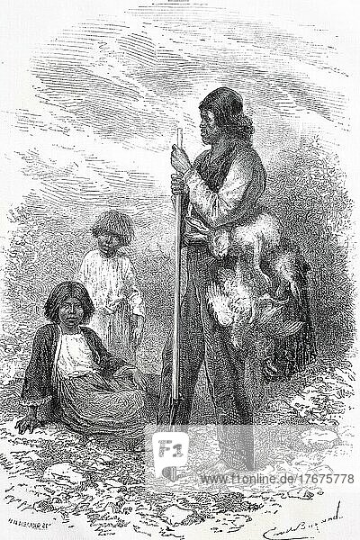 Indianischer Jäger aus Kalifornien und zwei indianische Mädchen  um 1870  USA  Historisch  digital restaurierte Reproduktion einer Vorlage aus dem 19. Jahrhundert  genaues Datum unbekannt  Nordamerika