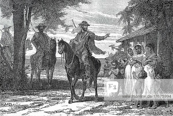 Der Segen  europäische Siedler segnen die einheimische Bevölkerung im Jahre 1880  Paraguay  digital restaurierte Reproduktion einer Vorlage aus dem 19. Jahrhundert  genaues Datum unbekannt  Südamerika