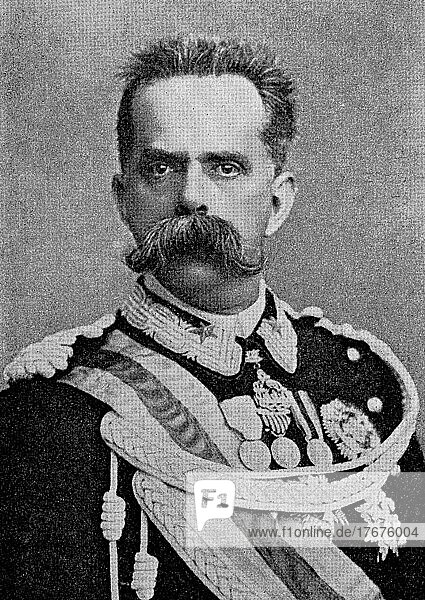 Umberto I. also Humbert I. with full name Umberto Rainerio Carlo Emanuele Giovanni Maria Ferdinando Eugenio di Savoia  14. March 1844  29. July 1900  descended from the House of Savoy and was King of Italy from 1878 to 1900  digitally restored reproduction of a 19th century original  exact date unknown