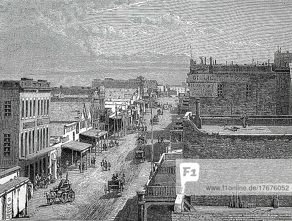 Virginia City im Jahre 1870  Stadt in der Wüste von Nevada  USA  Historisch  digital restaurierte Reproduktion einer Vorlage aus dem 19. Jahrhundert  genaues Datum unbekannt  Nordamerika