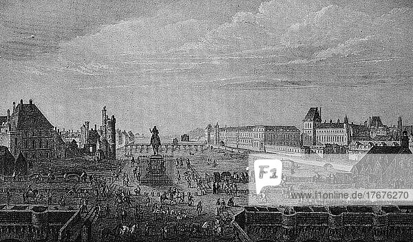 Pont Neuf und die Quais am Louvre zur Zeit von Ludwig XIV  ca 1700  Paris  Frankreich  digital restaurierte Reproduktion einer Vorlage aus dem 19. Jahrhundert  genaues Datum unbekannt  Europa