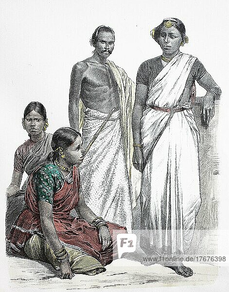 Volkstracht  Kleidung  Geschichte der Kostüme  Kling Hindus  Asiaten  Ostindien  1885  Indien  digital restaurierte Reproduktion einer Vorlage aus dem 19. Jahrhundert  genaues Datum unbekannt  Asien