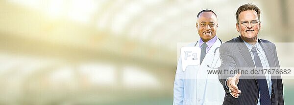 Caucasian businessman and african american male doctor  nurse or pharmacist with room for text