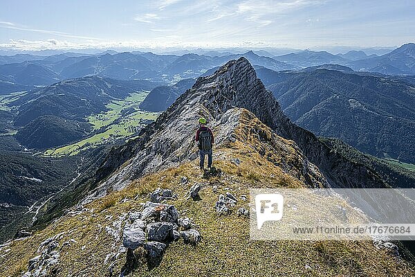 Hiker with climbing helmet  on hiking trail at a ridge  view of mountain landscape  in the back mountain ridge with peak of Seehorn  Nuaracher Höhenweg  Loferer Steinberge  Tyrol  Austria  Europe