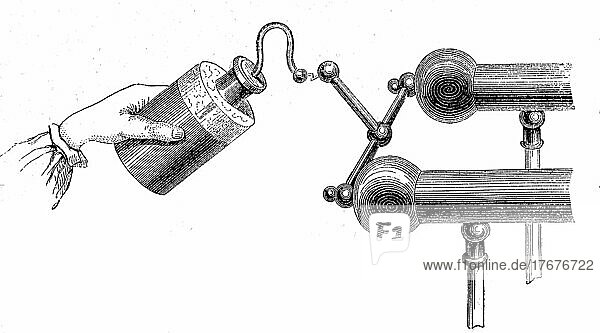 Leidener Flasche  auch Kleistsche Flasche  Kondensationsflasche oder Flaschenkondensator ist eine frühe historische Bauform eines elektrischen Kondensators  im Jahre 1870  digital restaurierte Reproduktion einer Vorlage aus dem 19. Jahrhundert  genaues Datum unbekannt